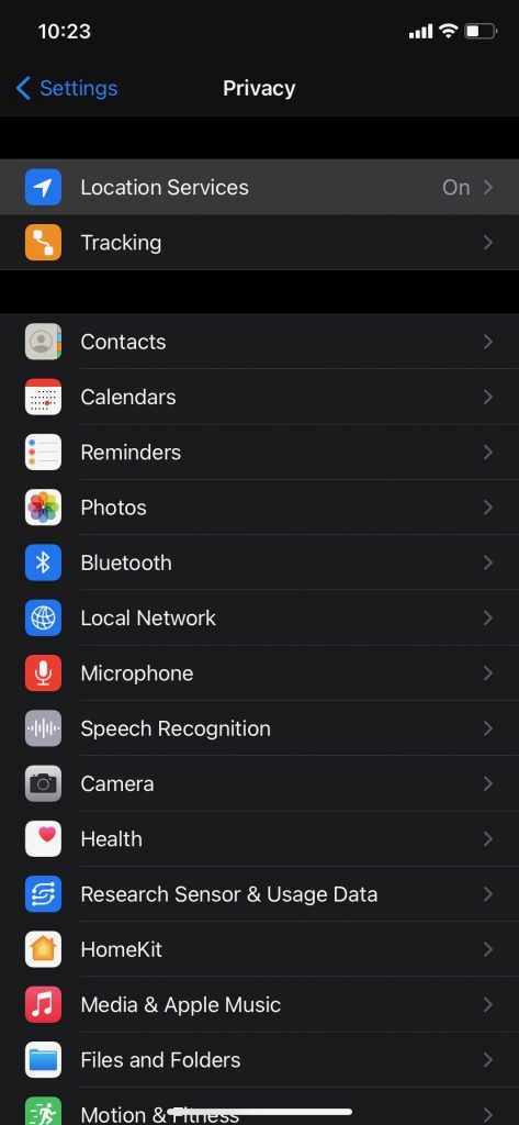 Screenshot of how to find location services in the apple iPhone iOS 14 settings
